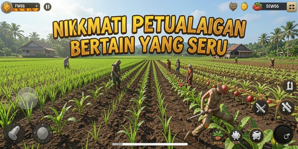 Tampilan gameplay FW66 dengan ladang subur dan hewan yang ceria.