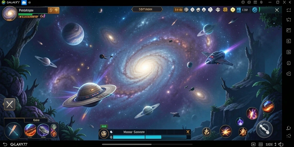 Screenshot gameplay GALAXY77 yang menampilkan eksplorasi galaksi dan aksi seru.