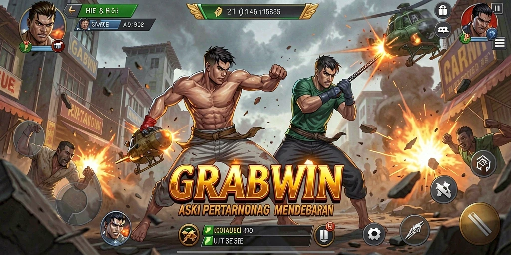 Screenshot utama GRABWIN menampilkan aksi pertarungan yang mendebarkan.