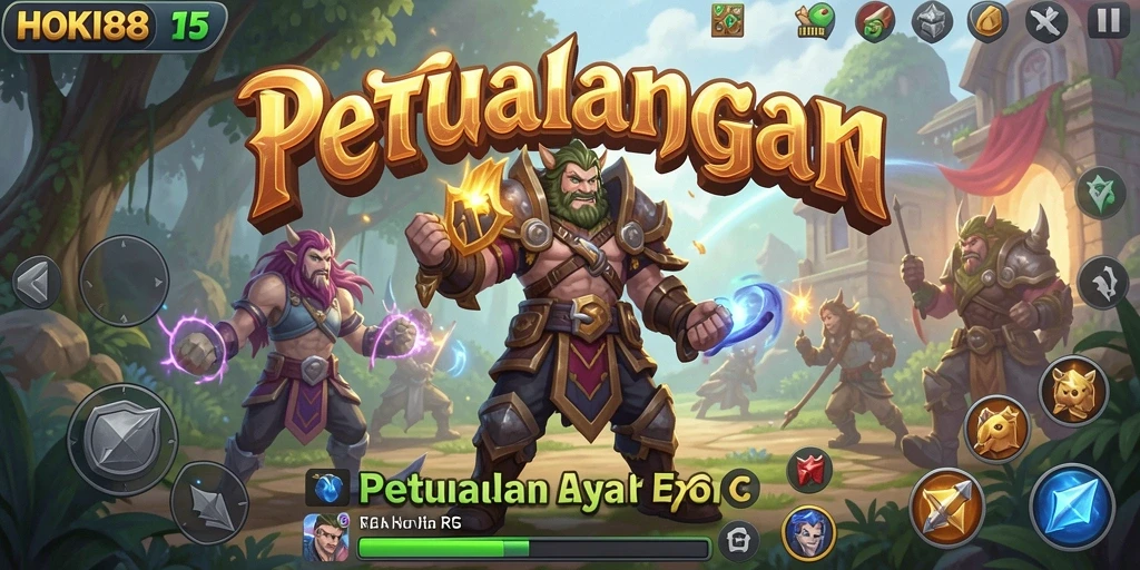 Screenshot gameplay HOKI8815 yang menampilkan pertempuran epik dan karakter unik.