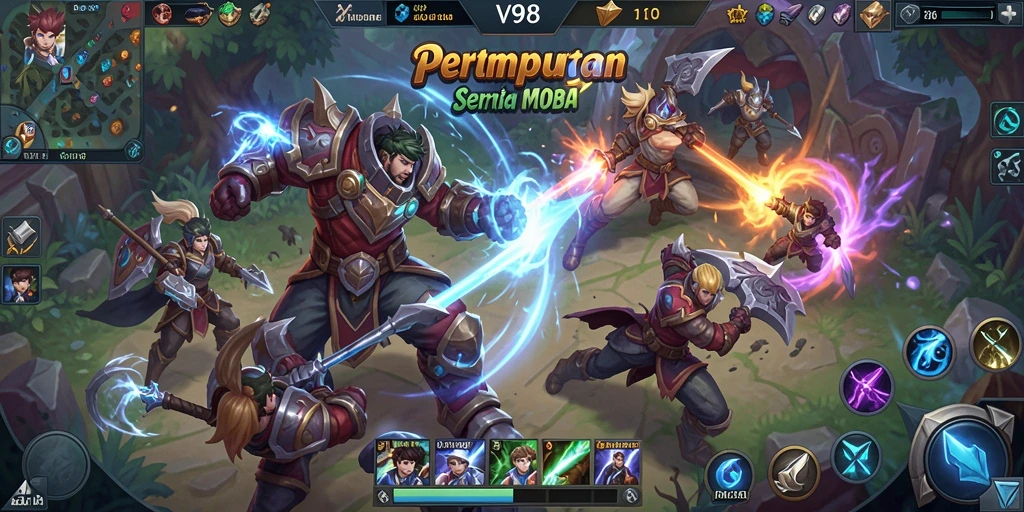 Screenshot V98 menampilkan aksi pertempuran seru dalam game MOBA.